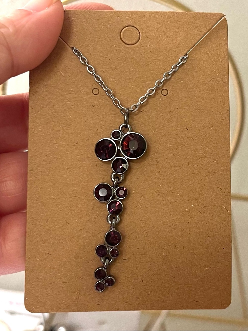 Women’s Silver Chain Necklace with Dark Red Crystal Drop Pendant